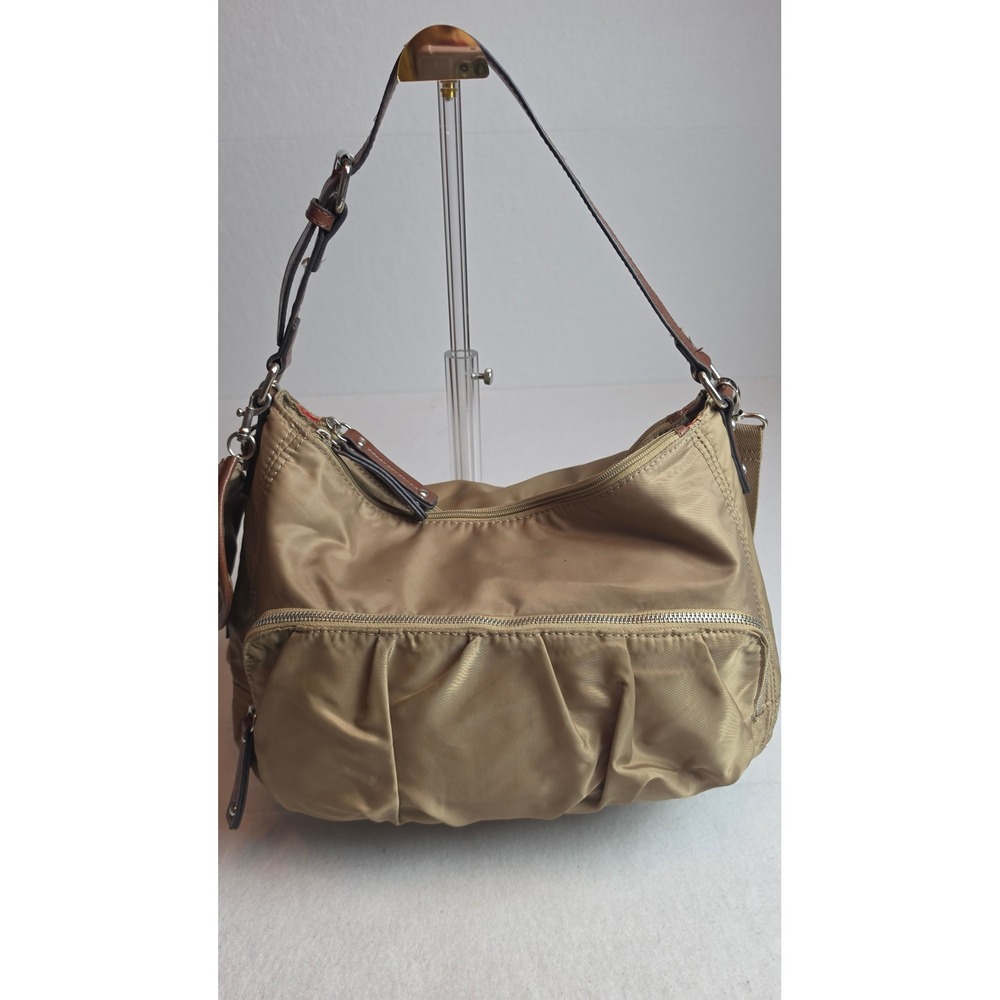 Franco Sarto Khaki Nylon Hobo Bag Brown Trim Polka Dot Lining Shoulder Bag